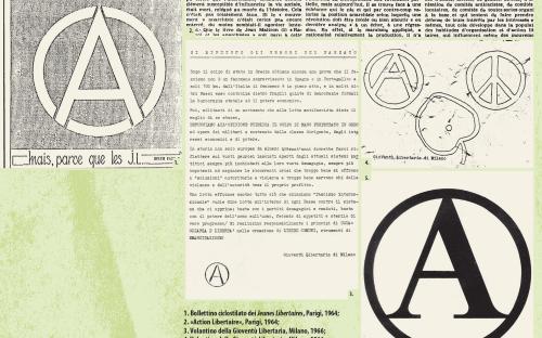 1. Bollettino ciclostilato dei Jeunes Libertaires, Parigi, 1964; 2. ‘Action Libertaire’, Parigi, 1964; 3. Volantino della Gioventù Libertaria, Milano, 1966; 4. Volantino della Gioventù Libertaria, Milano, 1966; 5. ‘A rivista anarchica’, n. 1, febbraio 1971. Fonte: Archivio G. Pinelli, Milano